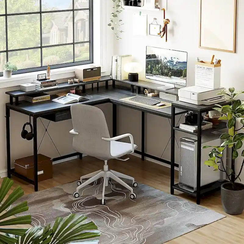 L-Shaped Home Office Desk with LED Lights Power Outlet File Drawer Storage Hutch