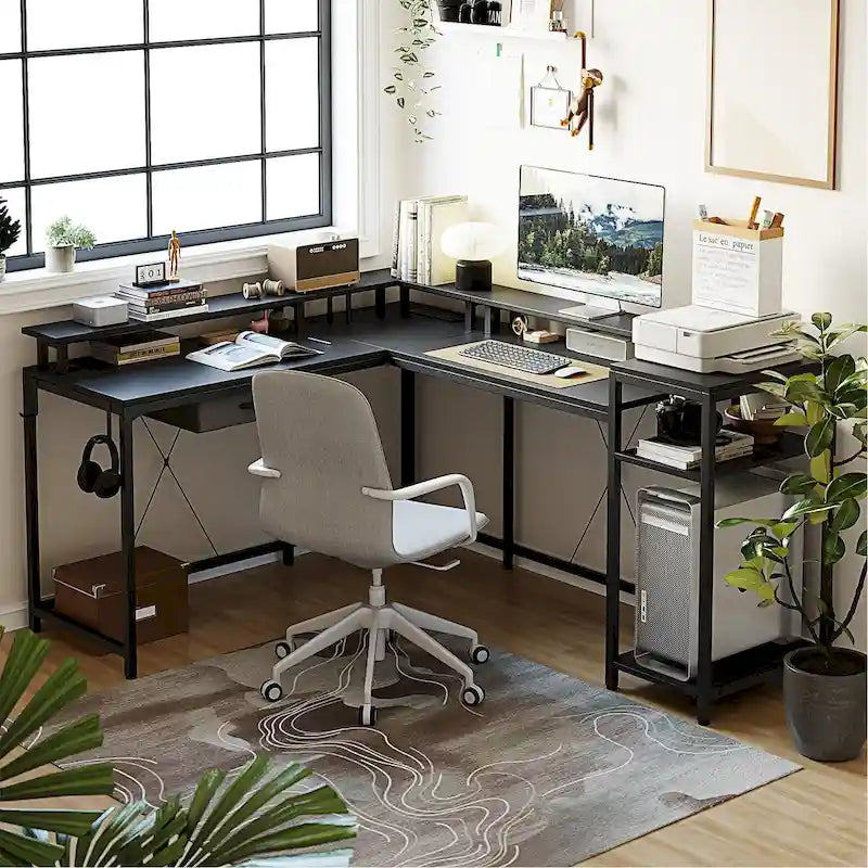 L-Shaped Home Office Desk with LED Lights Power Outlet File Drawer Storage Hutch