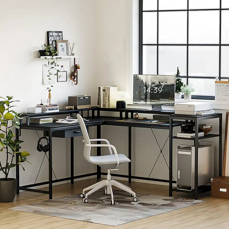 L-Shaped Home Office Desk with LED Lights Power Outlet File Drawer Storage Hutch