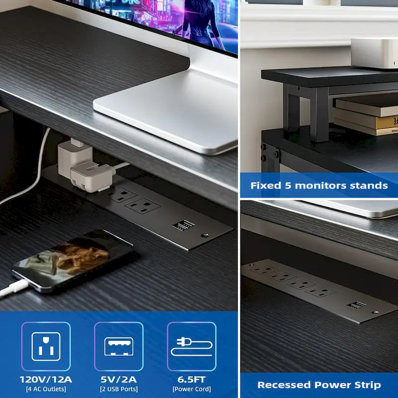 L-Shaped Home Office Desk with LED Lights Power Outlet File Drawer Storage Hutch
