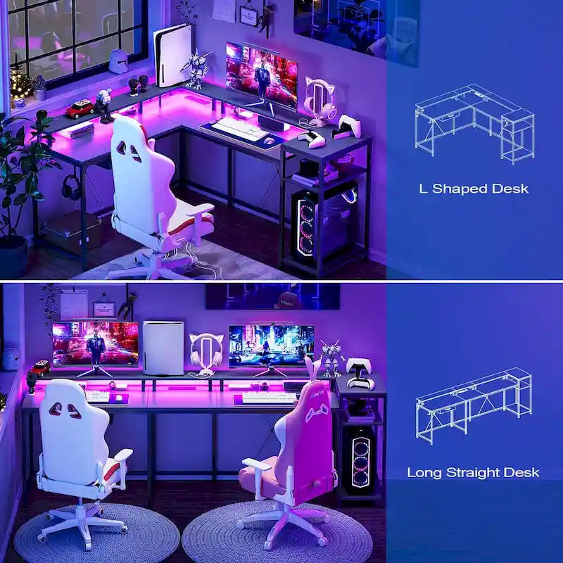 L-Shaped Home Office Desk with LED Lights Power Outlet File Drawer Storage Hutch