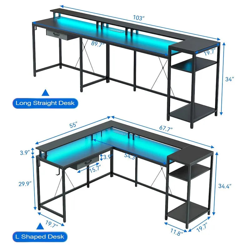 L-Shaped Home Office Desk with LED Lights Power Outlet File Drawer Storage Hutch