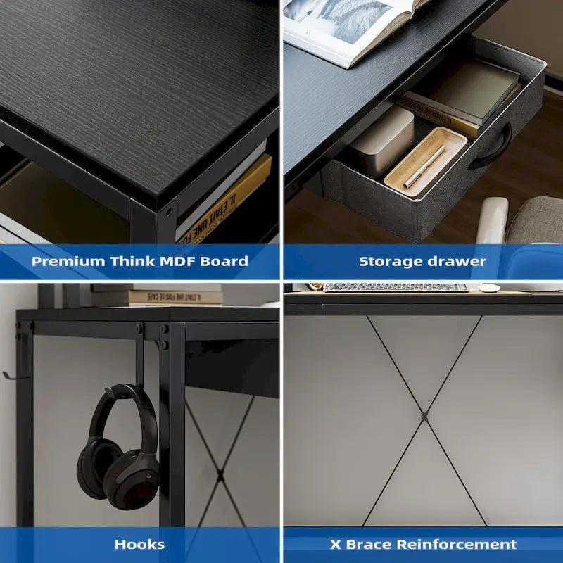 L-Shaped Home Office Desk with LED Lights Power Outlet File Drawer Storage Hutch