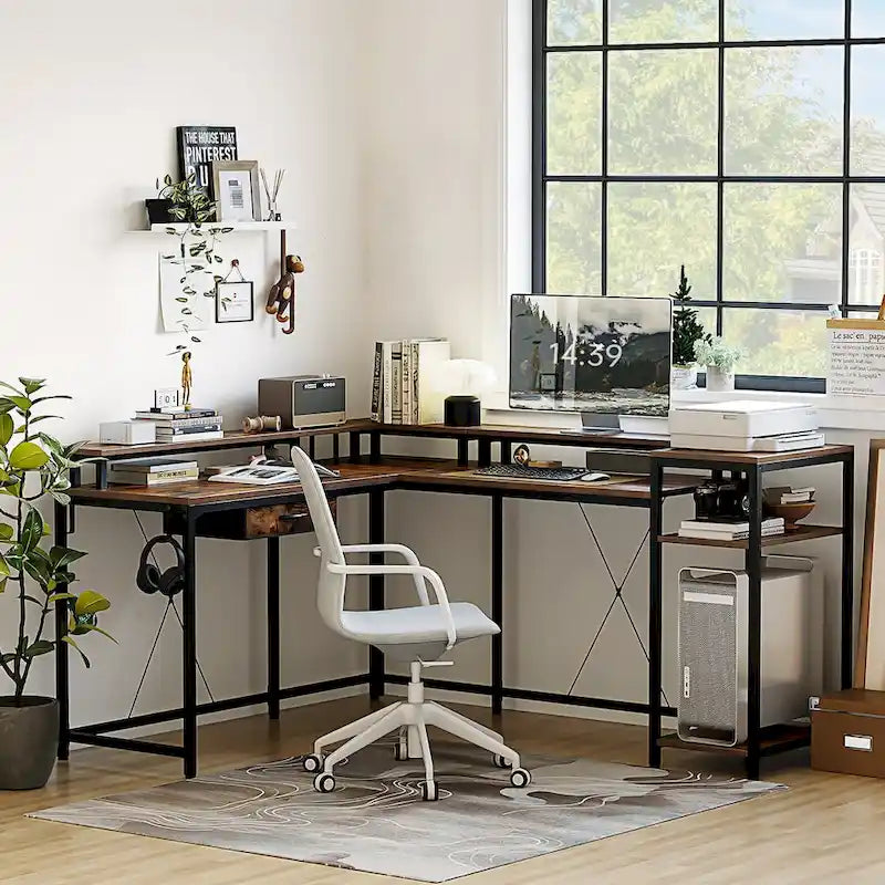 L-Shaped Home Office Desk with LED Lights Power Outlet File Drawer Storage Hutch