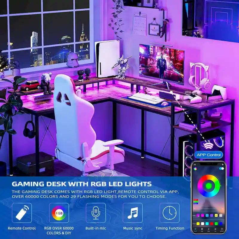 L-Shaped Home Office Desk with LED Lights Power Outlet File Drawer Storage Hutch