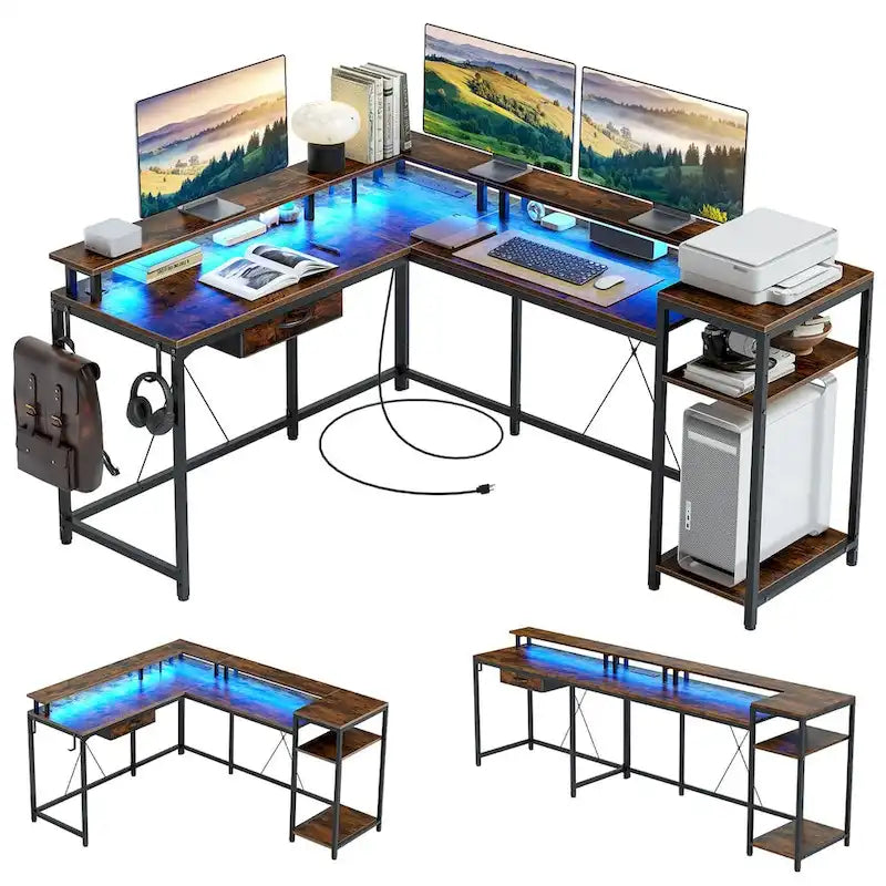 L-Shaped Home Office Desk with LED Lights Power Outlet File Drawer Storage Hutch