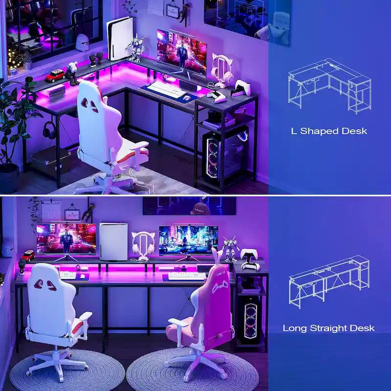 L-Shaped Home Office Desk with LED Lights Power Outlet File Drawer Storage Hutch