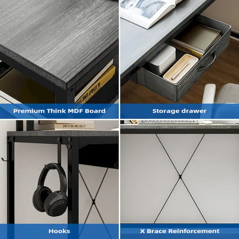 L-Shaped Home Office Desk with LED Lights Power Outlet File Drawer Storage Hutch
