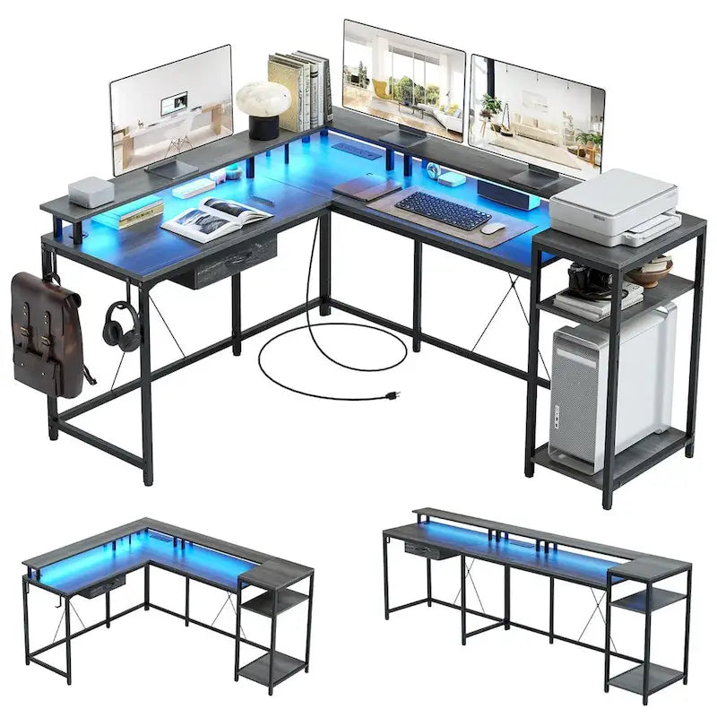 L-Shaped Home Office Desk with LED Lights Power Outlet File Drawer Storage Hutch