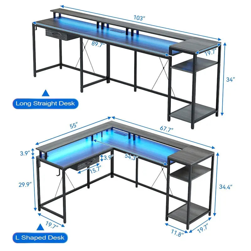L-Shaped Home Office Desk with LED Lights Power Outlet File Drawer Storage Hutch