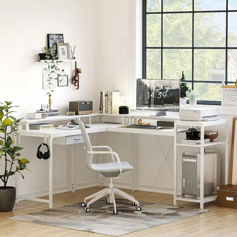 L-Shaped Home Office Desk with LED Lights Power Outlet File Drawer Storage Hutch