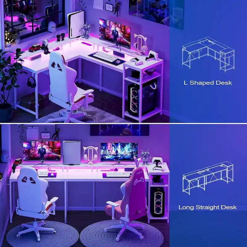 L-Shaped Home Office Desk with LED Lights Power Outlet File Drawer Storage Hutch