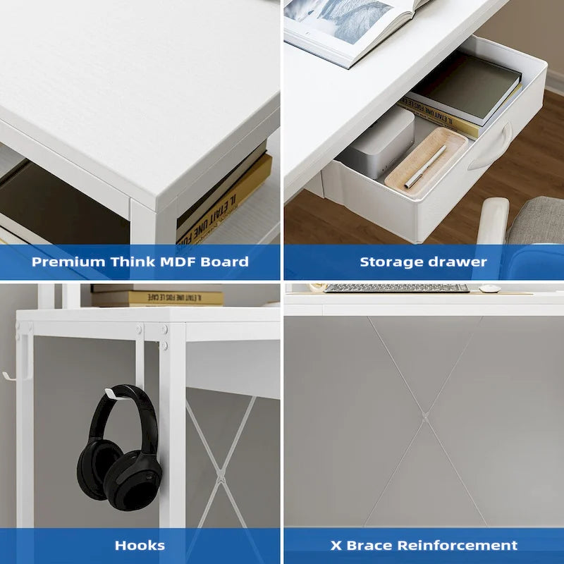 L-Shaped Home Office Desk with LED Lights Power Outlet File Drawer Storage Hutch