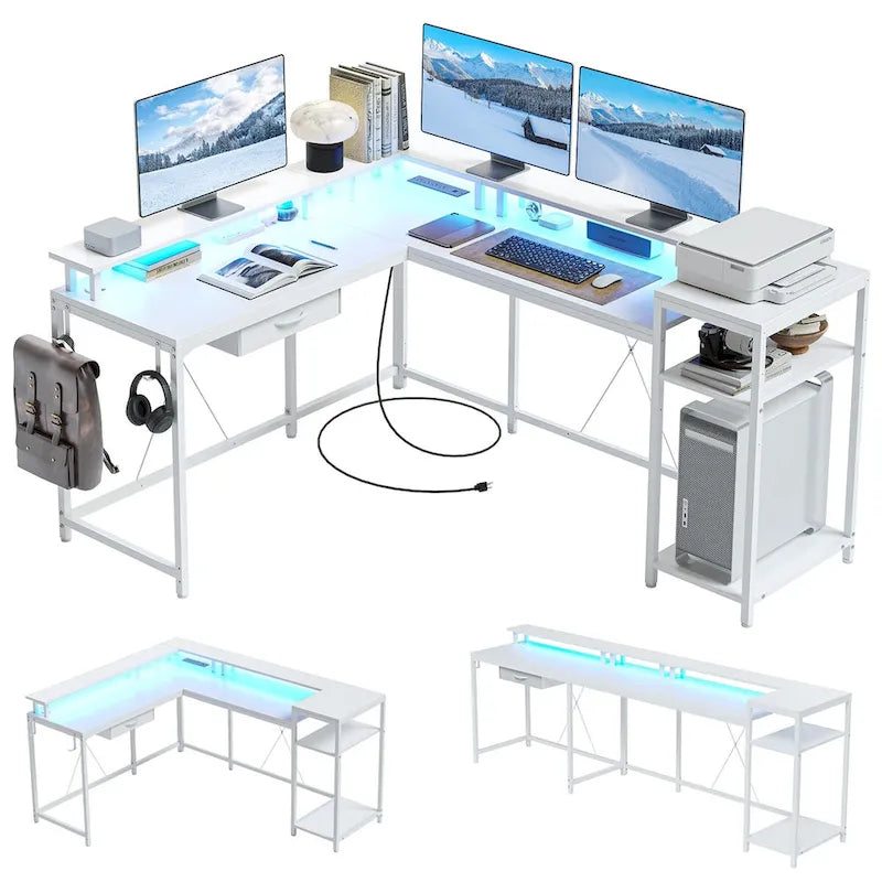 L-Shaped Home Office Desk with LED Lights Power Outlet File Drawer Storage Hutch