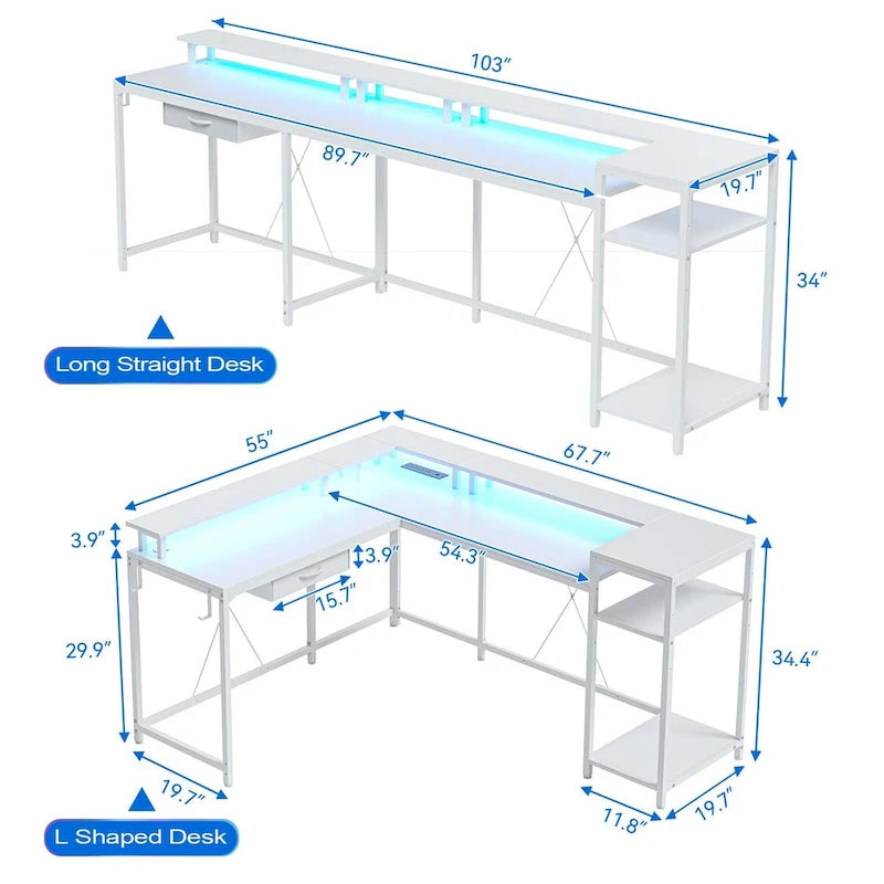 L-Shaped Home Office Desk with LED Lights Power Outlet File Drawer Storage Hutch