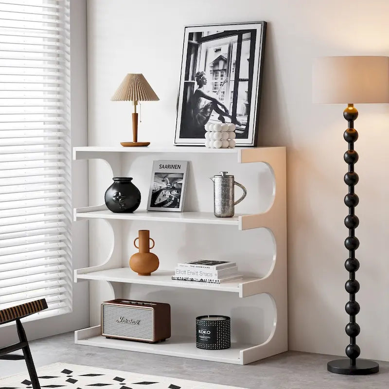 4-Tier White Curved Bookshelf Minimalist Storage Display Organizer