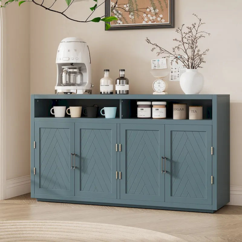 Retro Chevron 4-Door Sideboard with Open Shelf and Adjustable Storage
