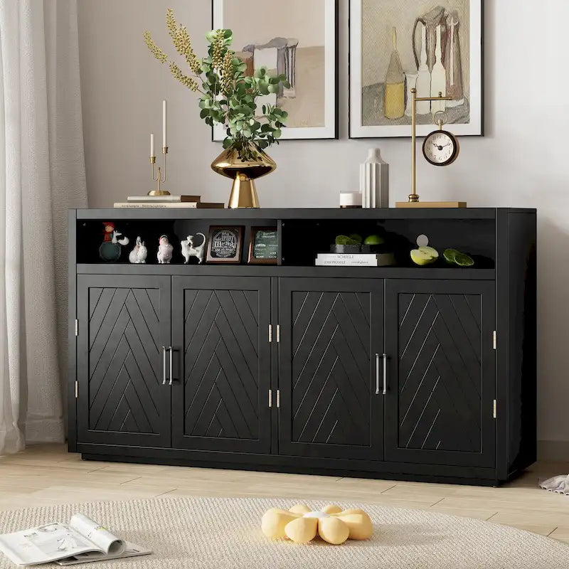 Retro Chevron 4-Door Sideboard with Open Shelf and Adjustable Storage
