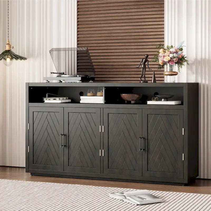 Retro Chevron 4-Door Sideboard with Open Shelf and Adjustable Storage