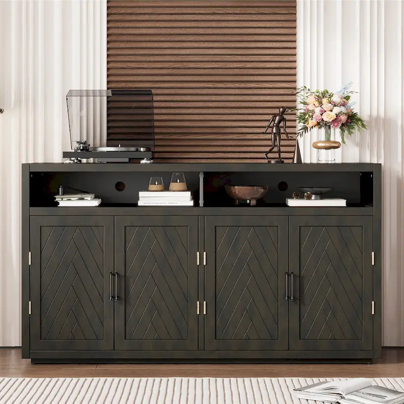 Retro Chevron 4-Door Sideboard with Open Shelf and Adjustable Storage