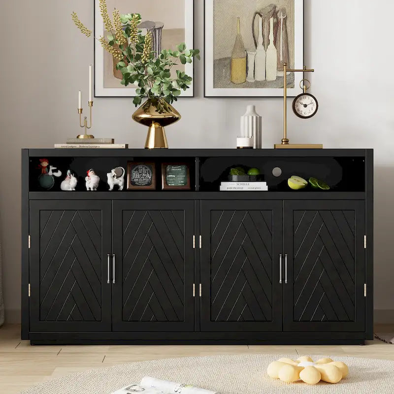 Retro Chevron 4-Door Sideboard with Open Shelf and Adjustable Storage