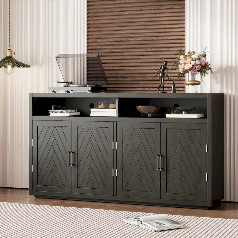 Retro Chevron 4-Door Sideboard with Open Shelf and Adjustable Storage