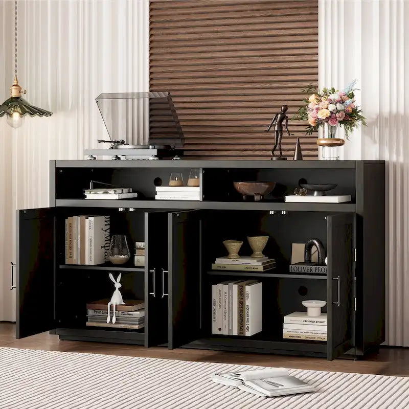 Retro Chevron 4-Door Sideboard with Open Shelf and Adjustable Storage