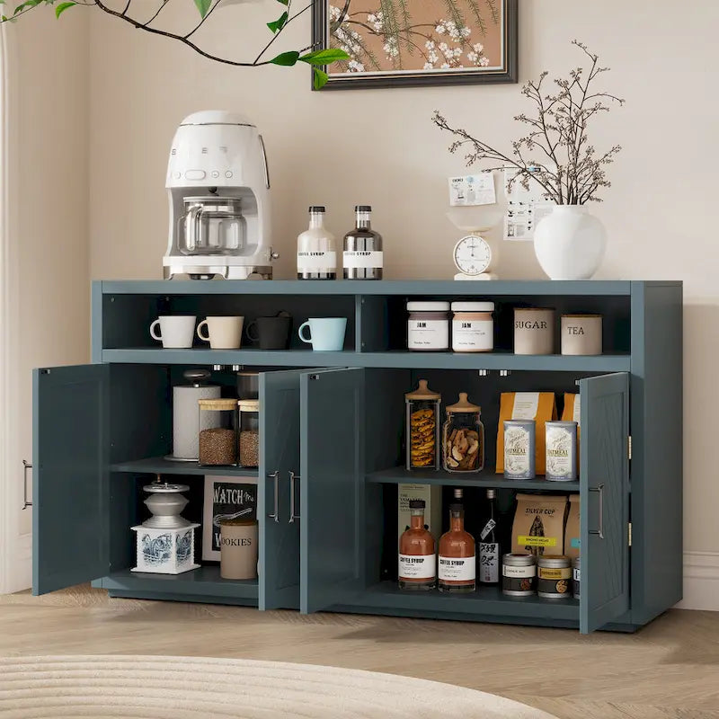 Retro Chevron 4-Door Sideboard with Open Shelf and Adjustable Storage