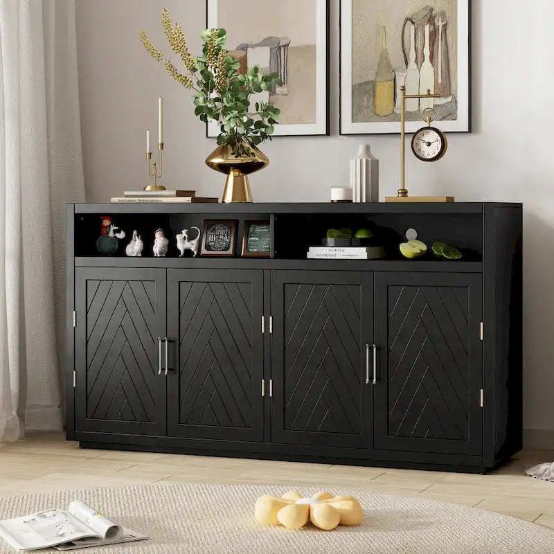 Retro Chevron 4-Door Sideboard with Open Shelf and Adjustable Storage