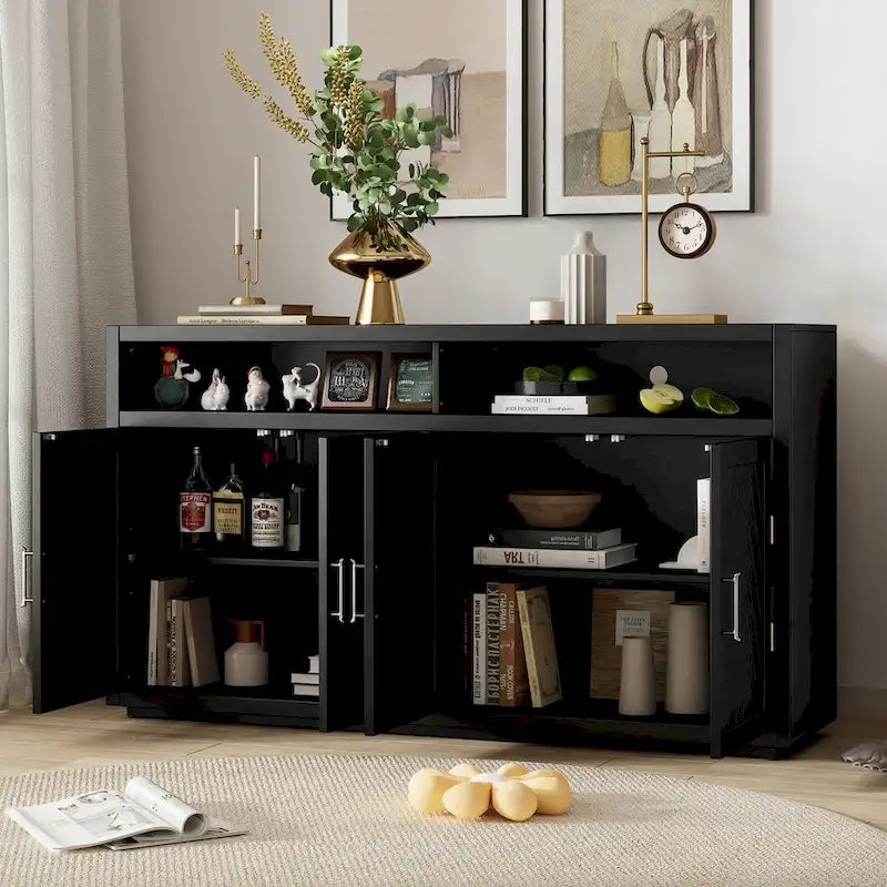 Retro Chevron 4-Door Sideboard with Open Shelf and Adjustable Storage