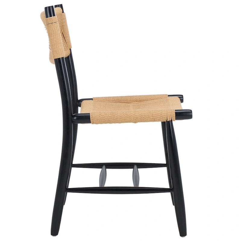 Woven Rope Black Wood Frame Dining Chair Natural Beige Boho Style