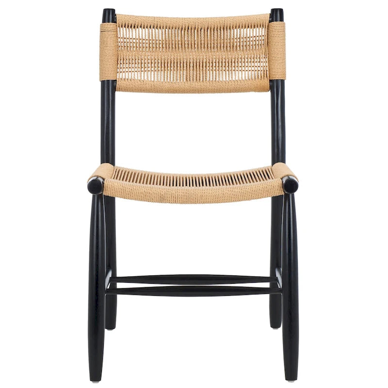 Woven Rope Black Wood Frame Dining Chair Natural Beige Boho Style